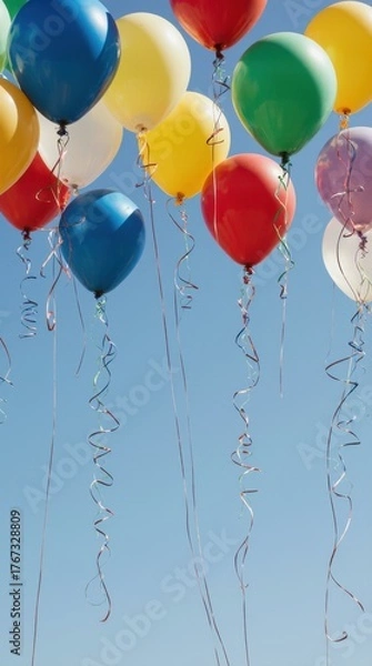 Obraz A group of colorful balloons rising into the sky, symbolizing happiness, freedom, and celebration.