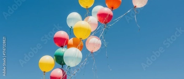Obraz A group of colorful balloons rising into the sky, symbolizing happiness, freedom, and celebration.