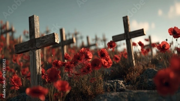 Fototapeta Peaceful memorial landscape with small crosses, poppies, and realistic depth of field.