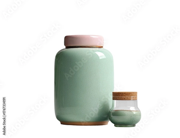 Obraz Mint-green ceramic jars, pink lids