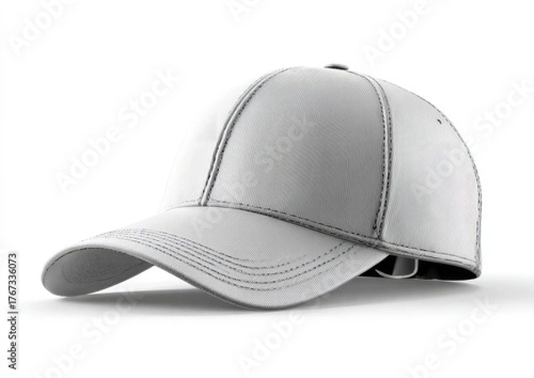 Fototapeta A blank, white baseball cap, angled to the right, sits against a white background. Stitching details are visible around the brim and at the crown