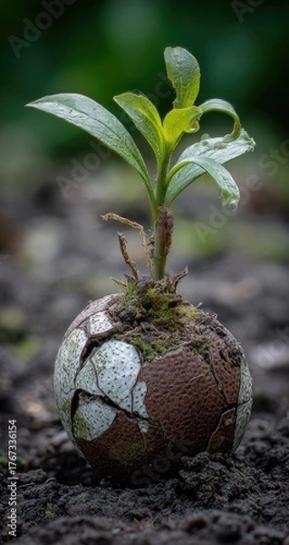 Obraz A young plant sprouting from a cracked, weathered ball, nestled in dark soil