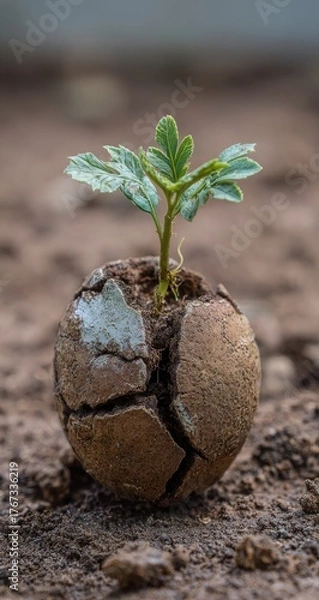 Obraz A small sprout emerges from a cracked, earth-toned sphere, resting on soil.  The sphere appears weathered and aged