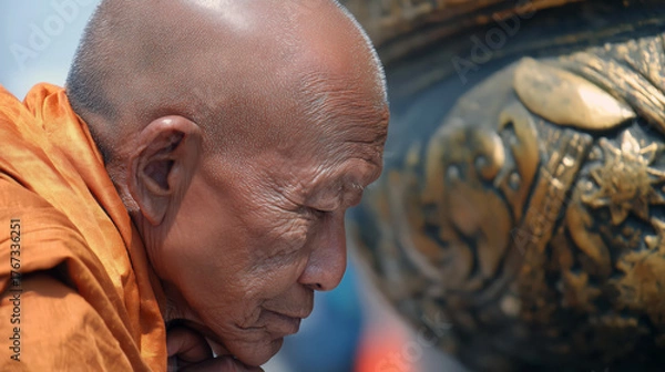 Fototapeta An elderly Thai monk in an orange robe meditates quietly in front of a golden temple statue. The scene captures his focused expression and the tranquil environment of the temple