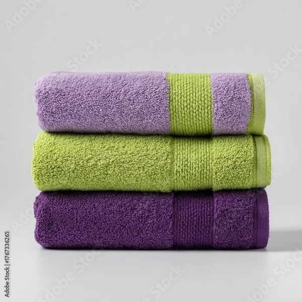 Fototapeta Three stacked towels in shades of lavender, lime green, and plum.  A thin lime green border accents each towel