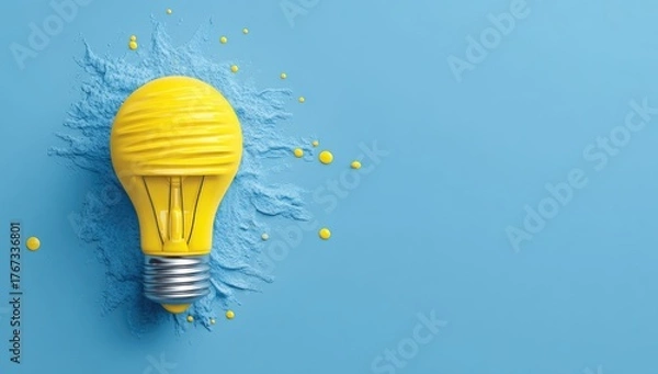 Obraz A bright yellow lightbulb sits atop a textured, light-blue surface.  Yellow paint splatters and drips around it