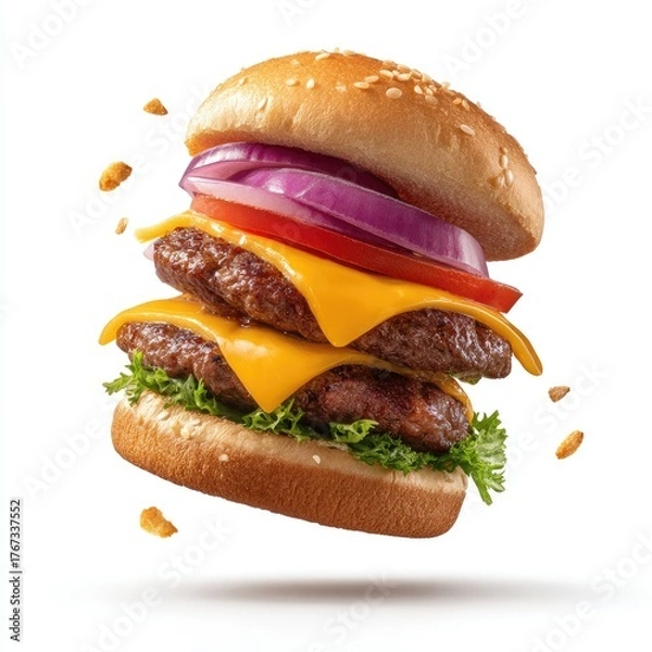 Obraz Double cheeseburger in mid-air, topped with fresh produce