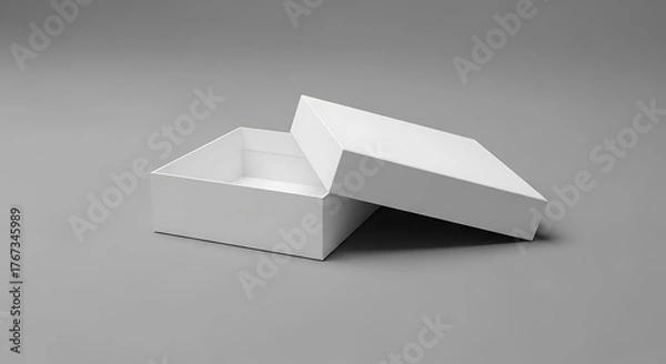 Fototapeta Open white cardboard box with lid slightly ajar on a gray background
