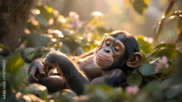 Fototapeta Tranquil Forest Chimpanzee: A Heartfelt Portrayal for World Wildlife Day