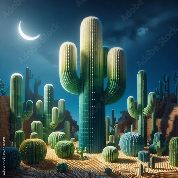 Fototapeta Stunning desert landscape at night with glowing moon and vibrant cacti under starry sky