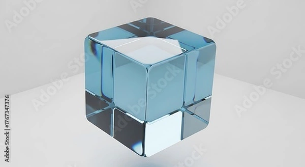 Fototapeta Transparent blue glass cube isolated on white background with light reflection
