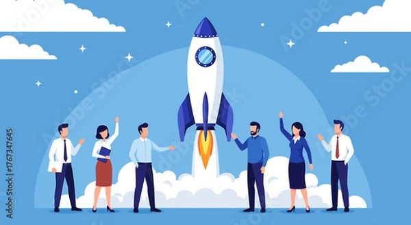 Fototapeta Innovative flat design illustrating a business startup launch with a team and a rocket soaring into the sky