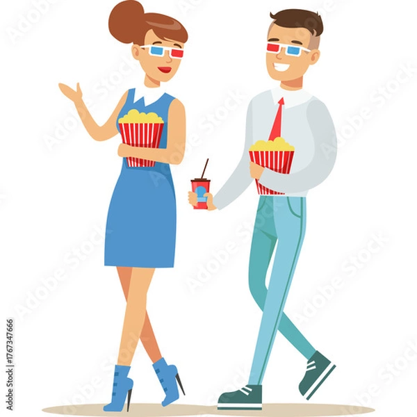 Obraz Couple Wearing 3D Glasses Holding Popcorn Buckets Walking Together Enjoying Entertainment Activity Outdoor