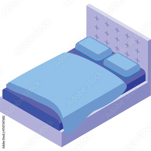 Obraz Cozy Double Bed With Blue Linens And Padded Headboard In A Soft Purple Frame With A Subtle Cross Pattern On A White Background Isometric View