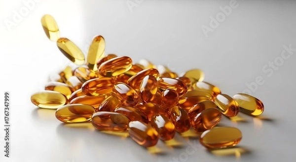 Fototapeta Pile of omega 3 fish oil capsules isolated on white background, dietary supplement
