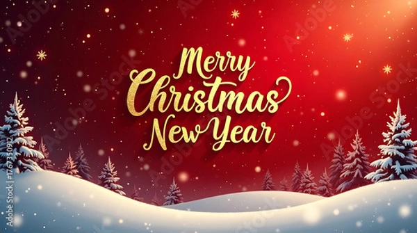 Obraz Christmas and New Year greeting with snowy landscape, gold text, deep red background, falling snow, gold sparkles.
