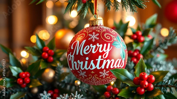 Obraz Close-up Christmas ornament on holly branch with red berries, “Merry Christmas” script, golden bokeh background.
