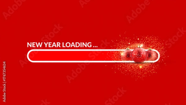 Fototapeta A minimalist "New Year Loading" progress bar with red Christmas ornaments on a clean red background.