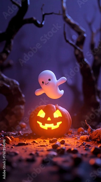 Fototapeta Adorable 3D Rendered Cute Ghost Character Floating Above a Glowing Jack-o'-Lantern in a Dark
