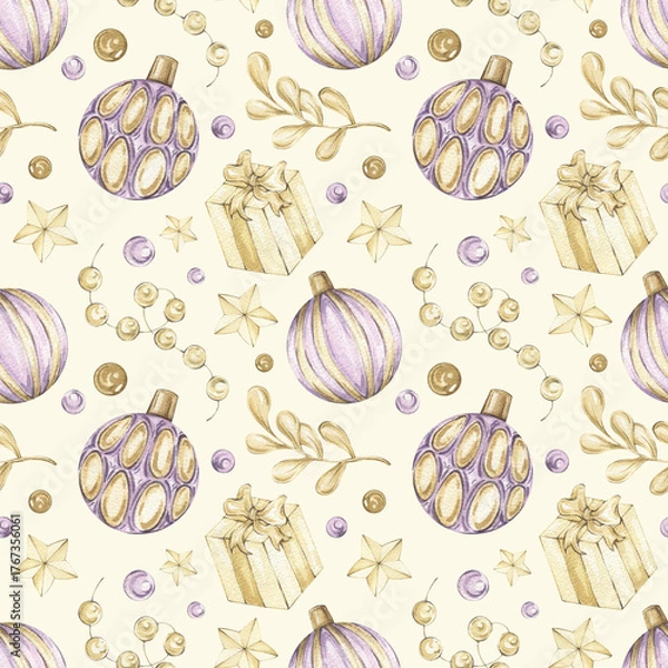 Fototapeta Watercolor Christmas seamless pattern. Print with Christmas tree ornaments, gift boxes, branches and garlands, and beads. Festive illustration for New Year's and Christmas product designs. Gold color.