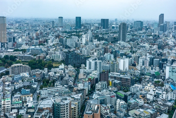 Fototapeta 高層ビルから望む雨の日の東京