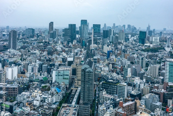Fototapeta 高層ビルから望む雨の日の東京