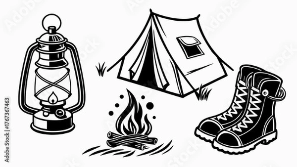 Fototapeta Vector art of a monochrome illustration showcasing camping gear, it features a lantern, a tent, a campfire, and hiking boots, all rendered in black and white, evoking outdoor adventures