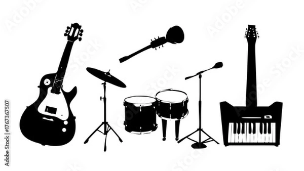 Fototapeta Vector art of silhouette of musical instruments including guitars, drums, and a keyboard represents music, performance, and artistic expression