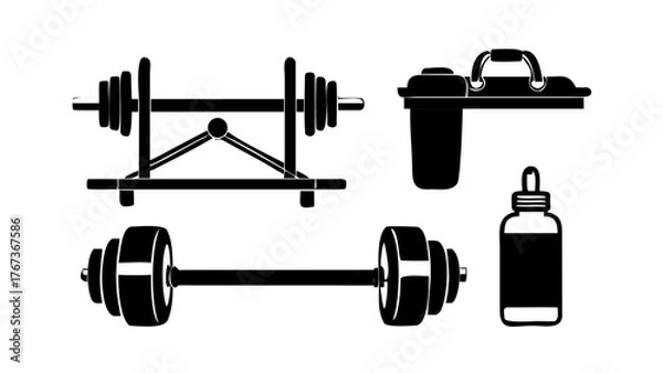 Fototapeta Vector art of gym equipment silhouette a barbell on rack, a water filter, and a dropper bottle, representing fitness, hydration, and supplement for health and wellness
