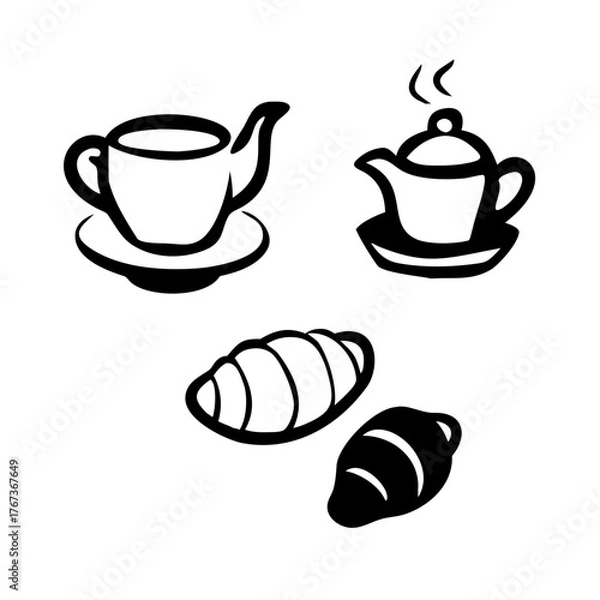Fototapeta Illustration of a tea set with a cup, teapot, and croissants, perfect for a bakery or cafe menu, representing breakfast, pastry, and hot drinks with a simple and elegant design