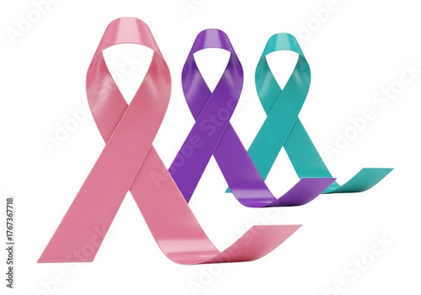 Fototapeta 3d illustration of three awareness ribbons in pink, purple, and teal, representing support for various causes and solidarity, isolated on transparent background on transparent background