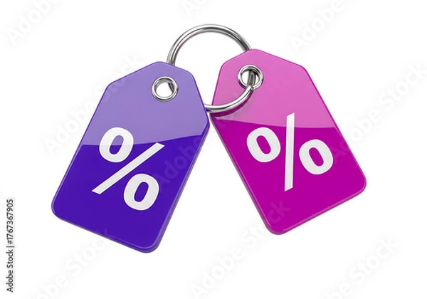 Fototapeta 3d illustration of two shiny discount tags with percentage symbols, one purple and one pink, connected by a ring, isolated on transparent background on transparent background