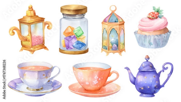 Fototapeta Colorful Watercolor Objects Collection with Teacups and Sweet Treats Isolated Background