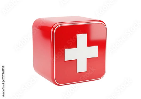 Obraz 3d illustration of a red cube with a white cross, representing a first aid kit or medical symbol, isolated on transparent background on transparent background