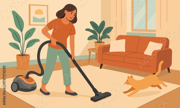 Obraz Flat vector illustration of a woman vacuuming the living room while her cat plays nearby. Perfect for home cleaning, daily routine, and cozy lifestyle concepts.
