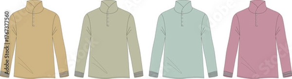 Obraz A vector illustration set of long-sleeve quarter-zip pullover tops in multiple color options. Technical fashion flat sketch for apparel design