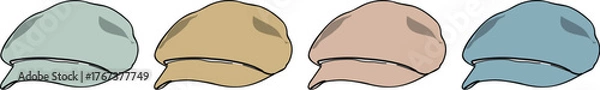 Fototapeta An assortment of stylish flat caps in a soft color palette. Vector graphic set of traditional headwear for fashion and apparel design concepts
