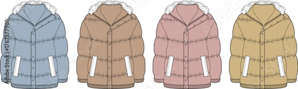 Obraz Set of colorful winter puffer jackets with fur hoods. Fashion technical flat sketch vector illustration template for clothing design