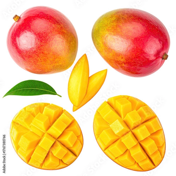 Obraz Colorful image showing whole & cut fruit with leaf against a black background