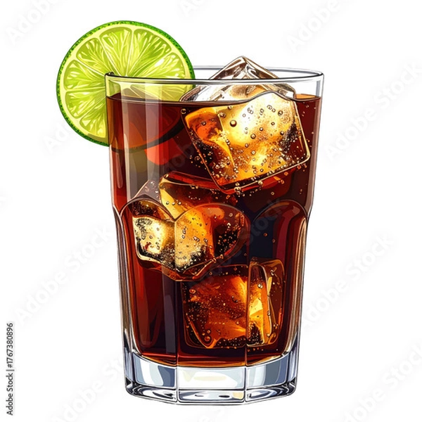 Obraz Refreshing tall glass of dark bubbly beverage with ice and a lime garnish