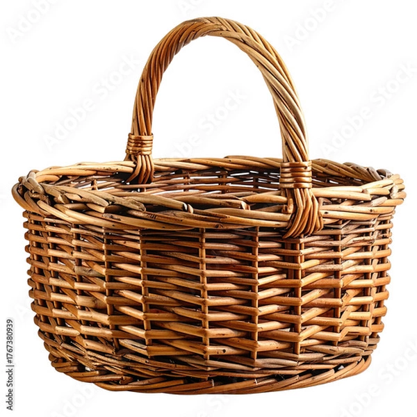 Obraz Close-up of a woven, round wicker basket with a curved handle, against a black background