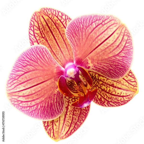 Obraz Close-up view of an orchid flower showcasing intricate petals with pink and yellow hues on a dark backdrop