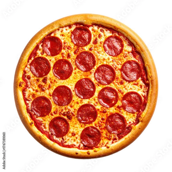 Obraz A round, golden-crusted pizza with evenly distributed pepperoni on melted cheese