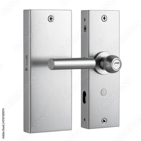 Obraz A metallic door handle with a cylindrical lever and knob, attached to rectangular plates