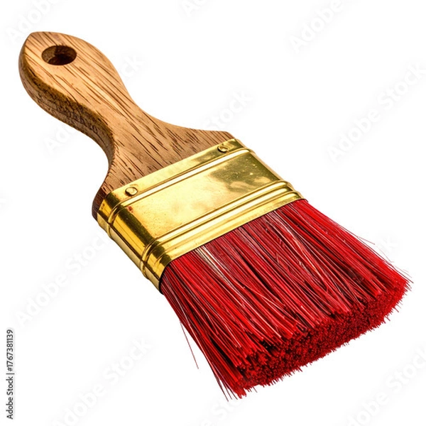 Obraz A detailed depiction of a painter's brush, complete with wooden handle and bright red bristles