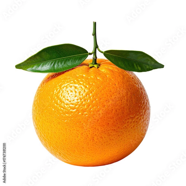 Obraz Vibrant, ripe orange fruit with green leaves, set against a stark black background