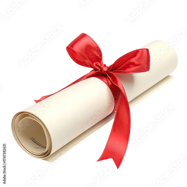 Obraz Rolled parchment tied with a red ribbon, isolated on black. Looks like a diploma or certificate