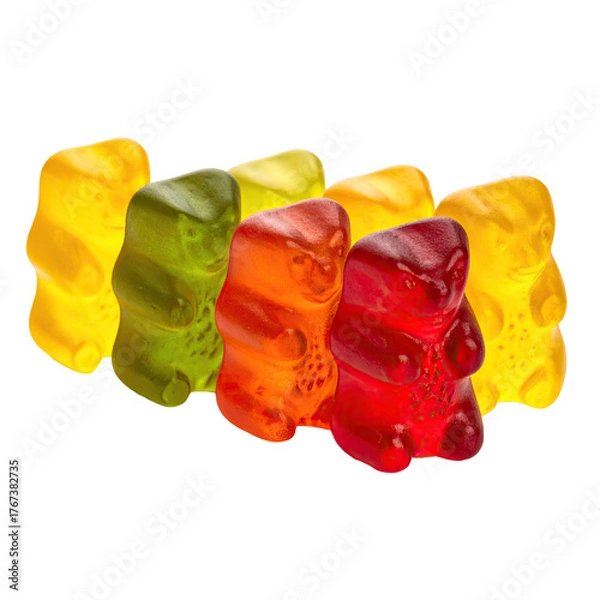 Obraz Six colorful, translucent gummy bear candies stand in a row against a dark background