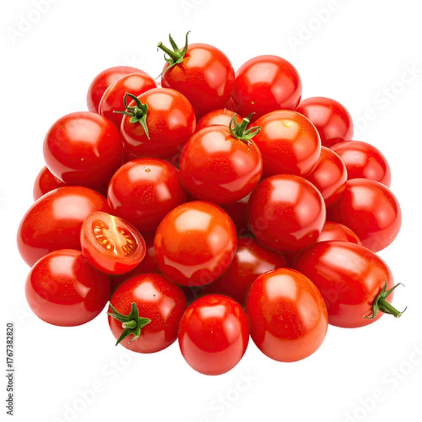 Obraz A pile of ripe, red cherry tomatoes, some with green stems, and one sliced