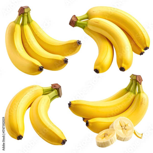 Obraz Four bunches of ripe, yellow fruit are shown, with one revealing sliced pieces